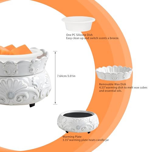 ASAWASA Ceramic Candle Wax Warmer with 1 pc Silicone Dish, 3-in-1 Wax Melter Burner for Kitchen Home Spa Yoga Gift (White)