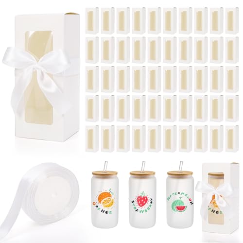 Mezchi 50 Pack Tumbler Gift Box with Window & Ribbon for Sublimation, Glass Cup Packaging for 12oz 16oz 20oz Drinking Jar...