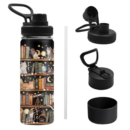 TNASURHUS Booklover Gifts for Women, Library Cat 18oz Water Bottle, Bookish Gifts for Readers Librarian, 18oz Leak-proof T...