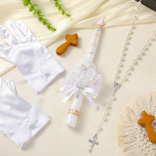 Conelist 3 Pcs First Holy Communion Candle Set for Girls Baptism Taper Candle with Rosary Beads Catholic Necklace Satin Gl...