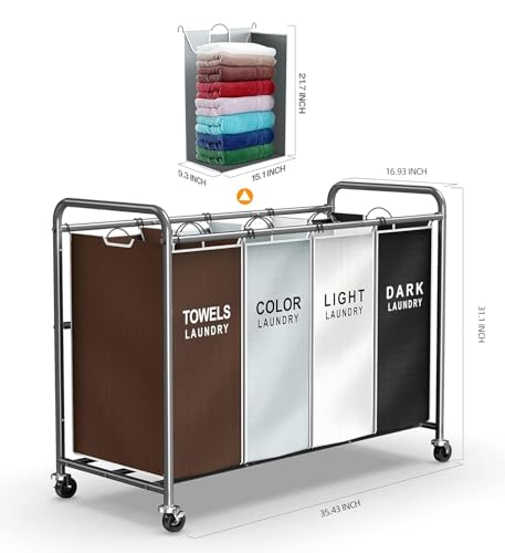 ROMOON Laundry Hamper Sorter Cart: 4-Section Organizer with Heavy-Duty Lockable Wheels and Removable Bags | 180L Rolling L...