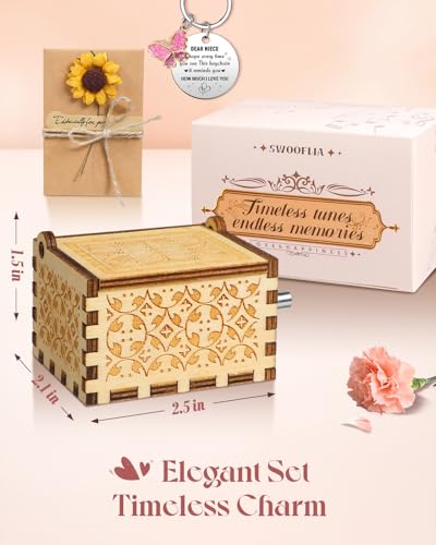 Swooflia Mother's Day Wooden Music Box for Niece with Sunflower Greeting Card - Hand Crank Engraved Musical Box Vintage Me...