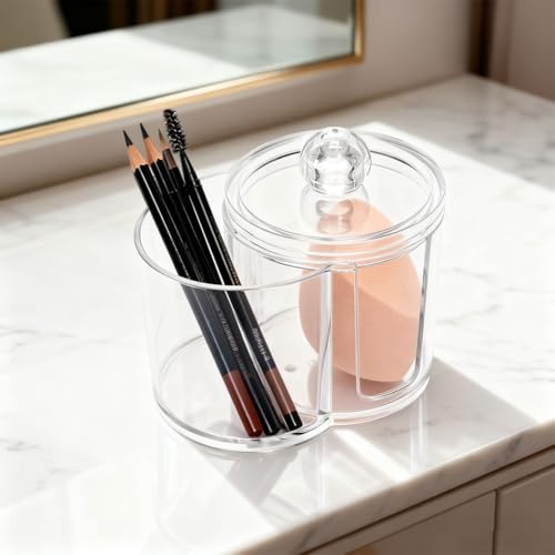 YOSINXU Dual-Compartment Cotton Swab & Pad Organizer with Removable Dustproof Lid, Bathroom Accessories Storage Organizer ...