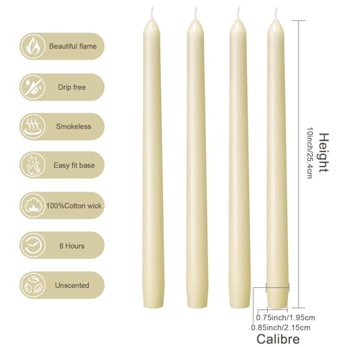 Everymoment Ivory Taper Candles - 4 Pack 10 Inch Candlesticks - Dripless & Smokeless Tapered Candle 8 Hours Unscented Crea...