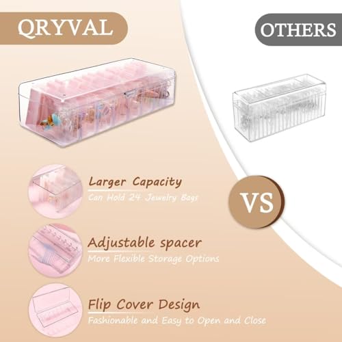 Qryval Jewelry Organizer and Storage Box with 24 EVA Anti Tarnish Bags, Travel Acrylic Case for Earrings, Necklaces & Ring...