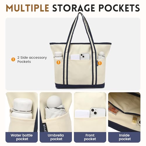 QYEPYUE Large Canvas Tote Bag for Women, Beach Bag with Zipper, Utility Tote Bag with 3 Front Pockets, Weekender Pool Bag