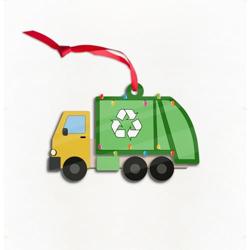 Wooden 3D Garbage Truck Ornaments for Christmas Tree, Recycling Trash Truck Xmas Ornament Decoration, Waste Collection & M...