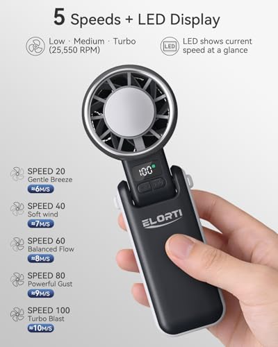 ELORTI Portable Fan, Handheld Fan with Turbo & Ice Cooling, 5-Speed 4000mAh Rechargeable, 3-in-1 Foldable Small Travel Han...