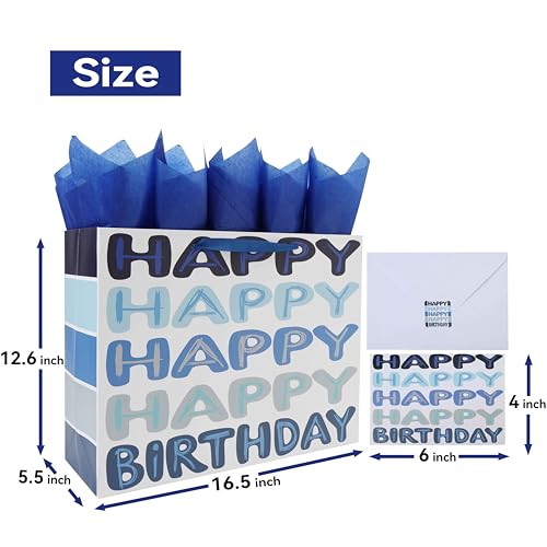Qirrmiy 16.5” Extra Large Blue Happy Birthday Gift Bag Set with Handles, Greeting Card, Tissue Papers and Stickers for Men...