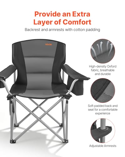 VEVOR Oversized Camping Folding Chair, Portable Heavy Duty Outdoor Quad Lumbar Back Padded with Side Pockets, Cup Holder a...