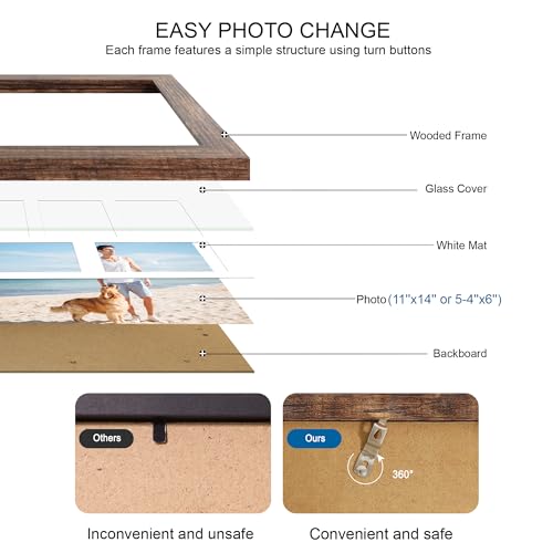 Hongkee 11x14 Picture Frame Set of 2, Rustic Brown Wood Frame with Real Glass Collage Picture Frames, Display Pictures Fiv...