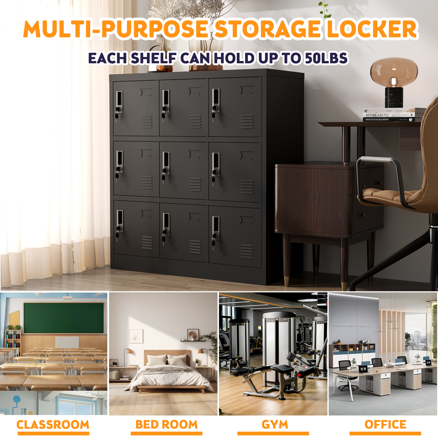 9-Door Employee Storage Locker, Metal Lockers For Office, Gym, School, And Homewith Card Slot  Black