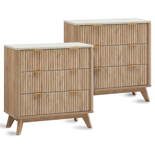 T4TREAM Fluted 3 Drawers Nightstand Set of 2, Oversized Extra Large Modern Side Table with Faux Marble Top, End Table Beds...