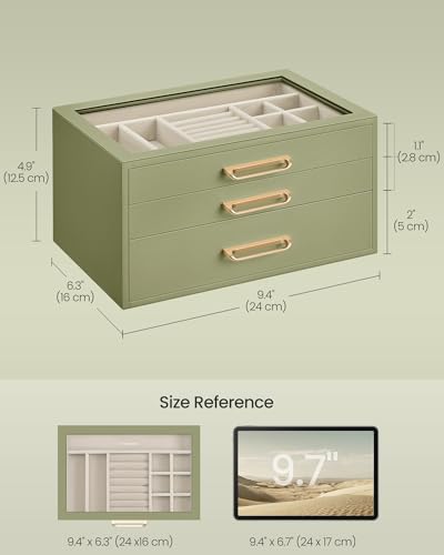 SONGMICS 3-Layer Jewelry Box with Glass Window, Jewelry Storage Organizer with 3 Drawers, Golden Handles, for Rings, Earri...