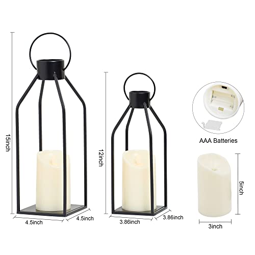 HPC Decor Modern Farmhouse Lanterrn Decor- Black Metal Candle for Summer Night- Lanterns w/Timer Flickering Candles for Li...