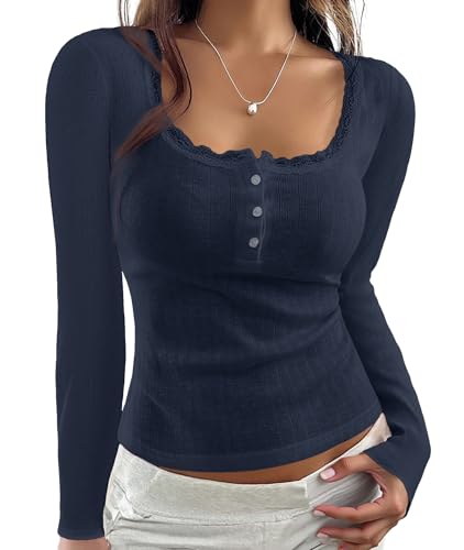 KIGRAD Women Y2k Lace Trim Scoop Neck Button Pointelle Crop Tee Tops Slim Fit Long Sleeve Aesthetic Fall Henley T Shirts