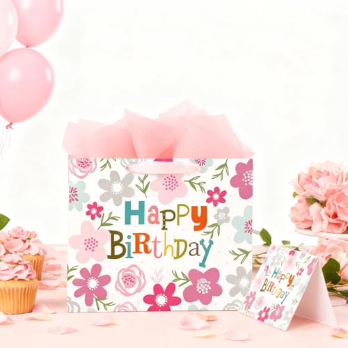 ASYEHJNR 13" Large Size Happy Birthday Gift Bag Pink Gray Teal Floral Flower with Colorful Happy Birthday Sign Boho Gift B...