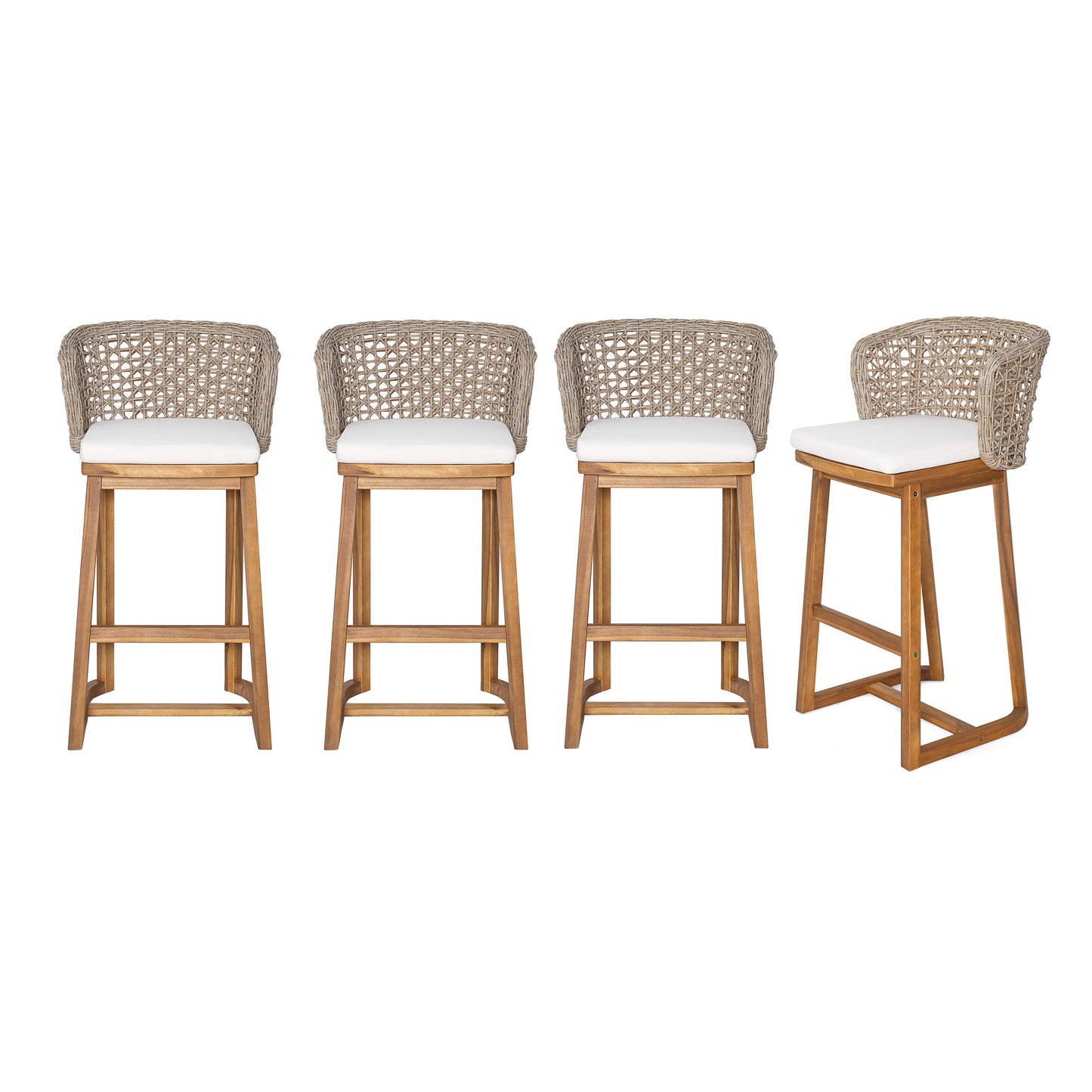 Outdoor Acacia Wood Bar Stools  4 PCS , Teak Finish Bar Height Chairs With Beige Cushion & Light Brown Wicker Back, Counter Height Stools For Patio, Poolside, Kitchen Island