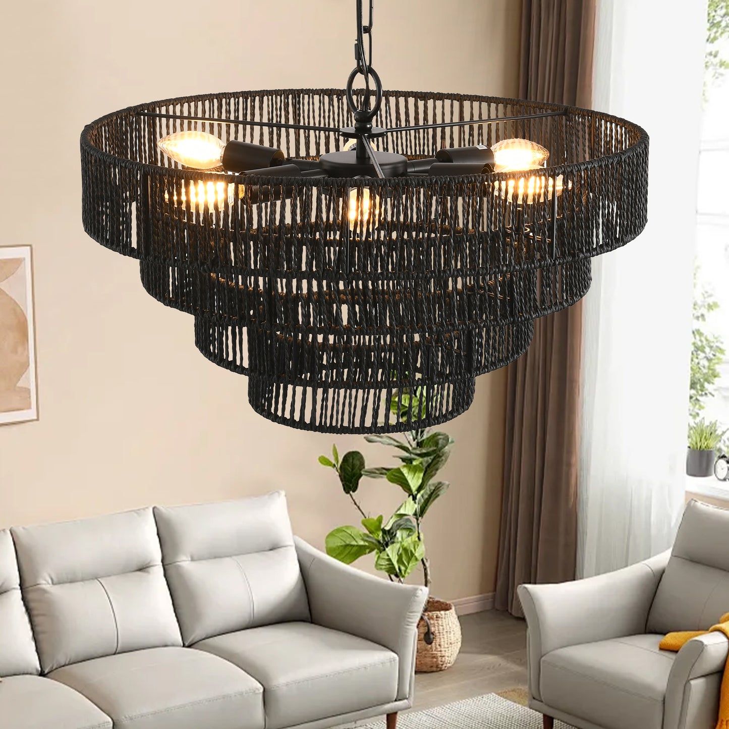 20  Rustic 4-Tier Black Hemp Rope Pendant Light Chandelier With 6 E12 Sockets, Handmade Tiered Boho Ceiling Light Fixture For Dining Room, Kitchen, Or Foyer Bulb Not Included