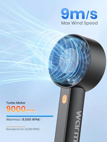 Warmco Portable Handheld Turbo Fan 5000mAh, 4-Speed Personal Mini Fan with Base & Lanyard, Smart LED Display, USB Recharge...