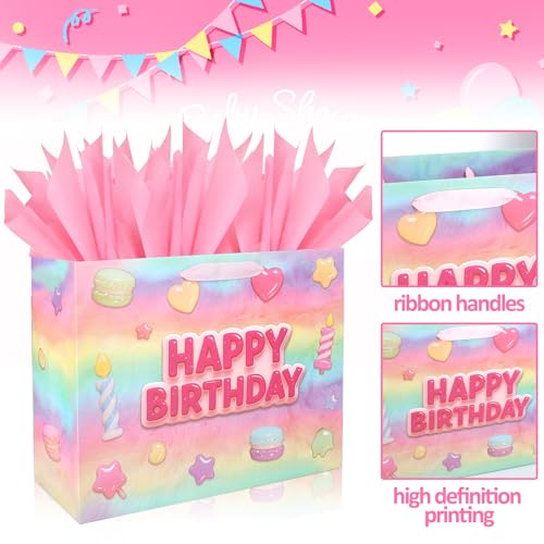 Vodolo 13” Happy Birthday Gift Bags with Tissue Paper Wrapping Paper and Card,Pink Gift Wrap Bags with handles for Women,G...