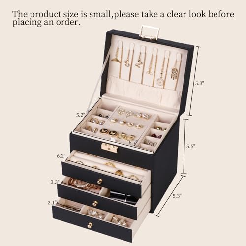 Vandozis Leather Jewelry Box with Lock for Women, 4-Tier 3-Drawer Jewelry Organizer, Large Capacity Vanity Storage Case fo...