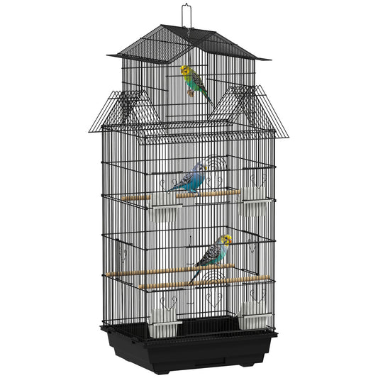 PawHut Metal Bird Cage With Plastic Swing, Perch, Food Container, Tray, Handle, For Finches, Canaries, 43 X 32.5 X 104cm