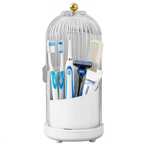 JEESA Toothbrush Holder Organizer, with Drainage Holes, with Dustproof Cover, 360 Rotating, 3 Slots, for Bathroom Countert...
