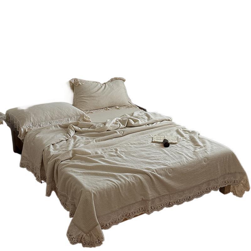 French Herringbone Jacquard Cotton-linen Double Bed Washable Summer Cooling Quilt With Lace Trim