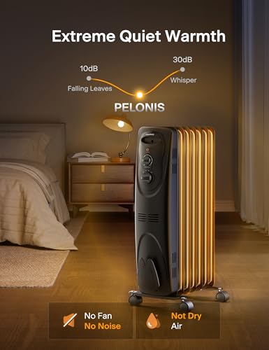 PELONIS Radiator Heater for Large Space, Electric Oil Filled Radiator, Dual Knobs, 1500W, Quiet Space Heater, 3 Modes, Ti...