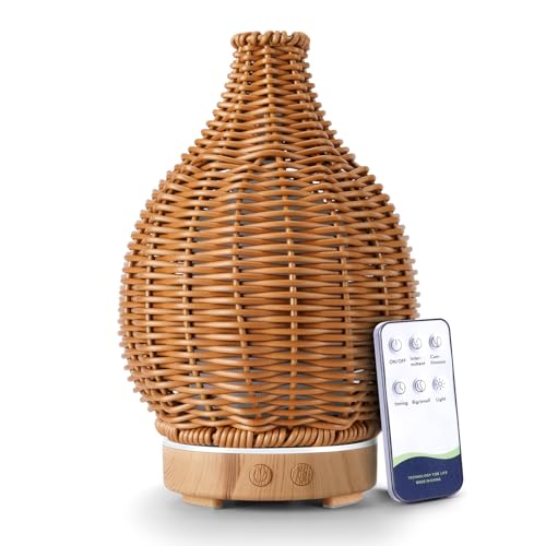 Boho Essential Oil Diffuser for Home Rattan Weaving with Remote Control, 100mL 7 Changing Color Lights Ultrasonic Aroma Hu...