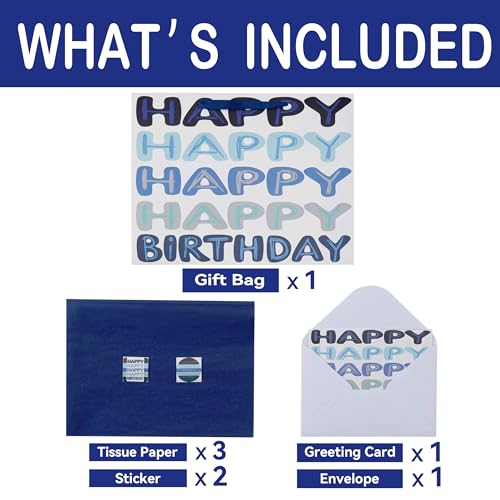 Qirrmiy 16.5” Extra Large Blue Happy Birthday Gift Bag Set with Handles, Greeting Card, Tissue Papers and Stickers for Men...