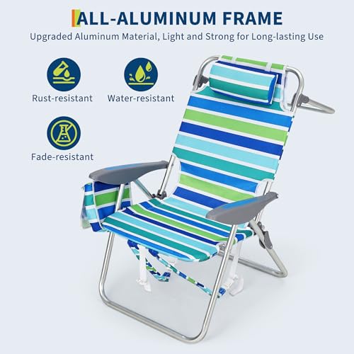 GarveeLife High Backpack Beach Chair for Adults 2 Pack, Lightweight Portable Lay Flat Folding Beach Chair with 5 Position...