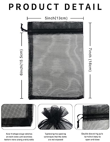 Jexila 100PCS Sheer Organza Bag 5''X7'' Black Mesh Bags Drawstring Gift Bag Small for Jewelry Goodie Candy Wedding Party F...
