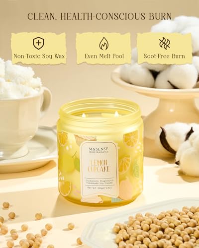 M&SENSE Lemon Vanilla Cupcake Scented Candle, 11.6oz Natural Soy Wax, 70 Hours Long Lasting Clean Burn, Citrus Vanilla Sce...