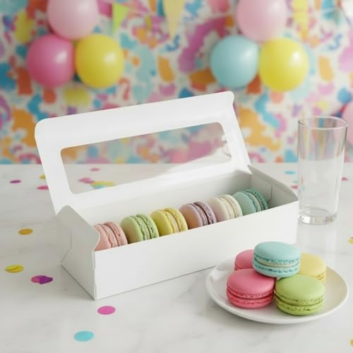 Dicunoy 50 Pack Macaron Boxes for 6, White Macaron Gift Boxes with Clear Window and 120 PCS Stickers, Sturdy Macaron Packa...