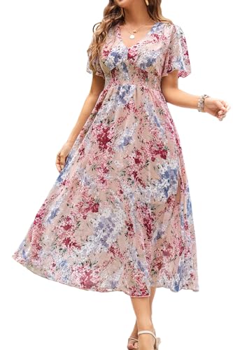Women's Floral Maxi Dress Flowy V Neck Empire Waist Summer Wedding Guest Party Casual Chiffon Dress