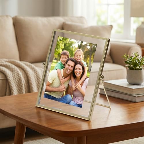 QWORK Gold Floating Picture Fram, Set of 3 Glass Double Panel Metal Frame, Includes 5x7, 4x6, 4x4, Tabletop Display for Po...