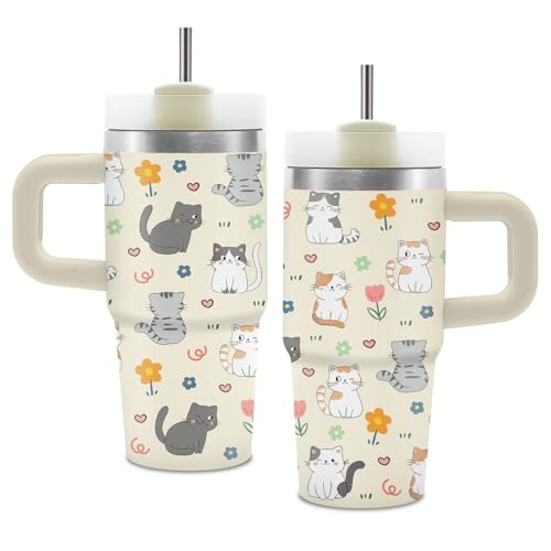 Cute Cat Gifts for Women Girls, Cats Tumbler with Handle and Straw for Kids 14 oz, Insulated Stainless Steel Cats Mug, Bir...