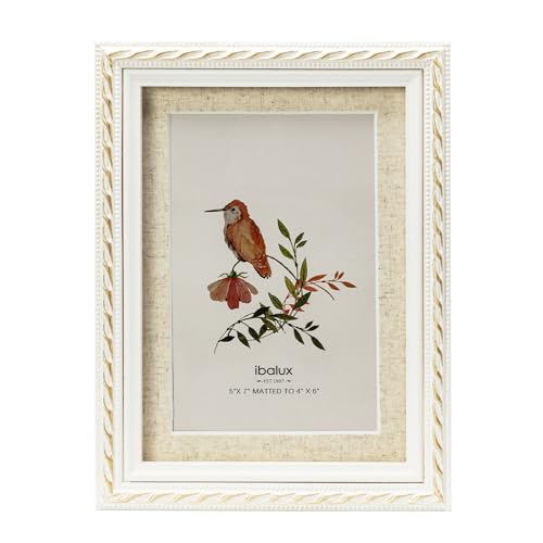 ibalux 5x7 Picture Frame Pine Wood with Real Glass, Gold-Toned Synthetic Rope Edging, Linen Matted to 4x6, Vertical and Ho...