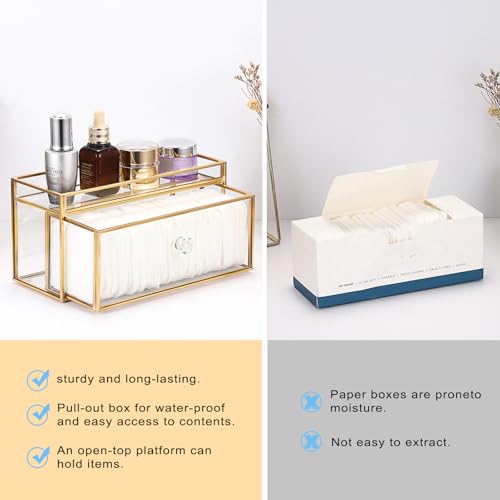 GUSHBIN Clean Pad Storage Box Gold Glass Pull and Out Drawer with Tray Rectangular Cotton Pads Holder Vanity Organizer for...