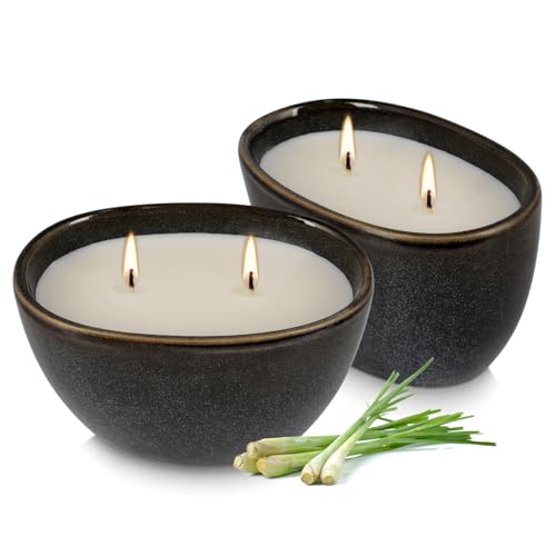 2-Pack Black Ceramic Citronella Scented Candles – Dual-Wick, All-Natural Wax, Decorative Geometric Design for Indoor/Outdo...