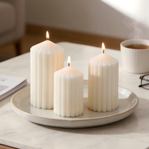 3 Pack White Ribbed Pillar Candles - Soy Wax Unscented, 2.76" x4.2/4.9/5.9 in Smokeless Non Toxic Cotton Wick, Aesthetic M...