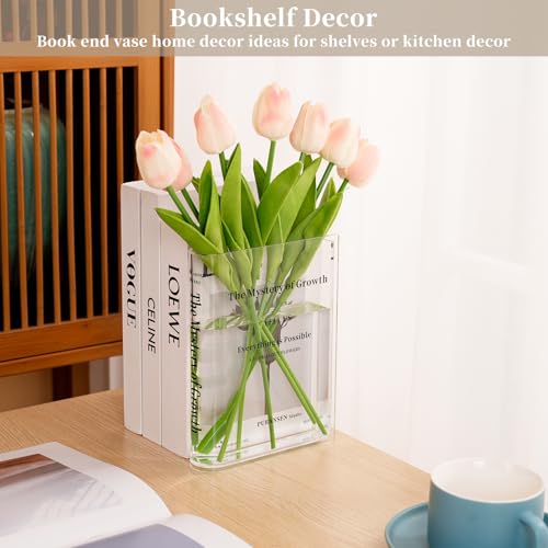 Puransen Clear Bookend Vase for Flowers - Aesthetic Room Decor for Modern Home/Office, Minimalist Shelf Organizer with Flo...