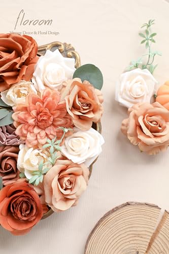 Floroom Terracotta Artificial Flowers Burnt Orange Fake Roses Peonies Dahlia Greenery Combo Box Set for DIY Wedding Bouque...