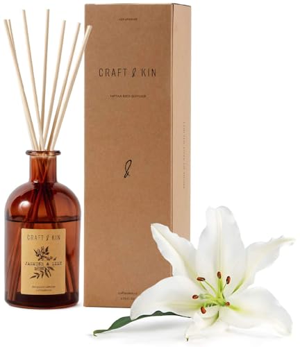 Craft & Kin Lily & Jasmine Diffuser Reed Diffuser | All Natural Essential Oil & 8 Rattan Scent Sticks | Reed Diffusers for...