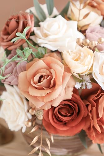 Floroom Terracotta Artificial Flowers Burnt Orange Fake Roses Peonies Dahlia Greenery Combo Box Set for DIY Wedding Bouque...