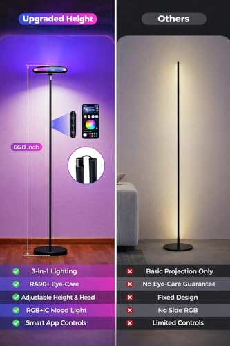 Arsoma Smart Floor Lamp for Living Room, 66.8" RGB+WW Ripple Projector Floor Lamp, 3-in-1 LED Corner Lamp with RGB+IC Side...