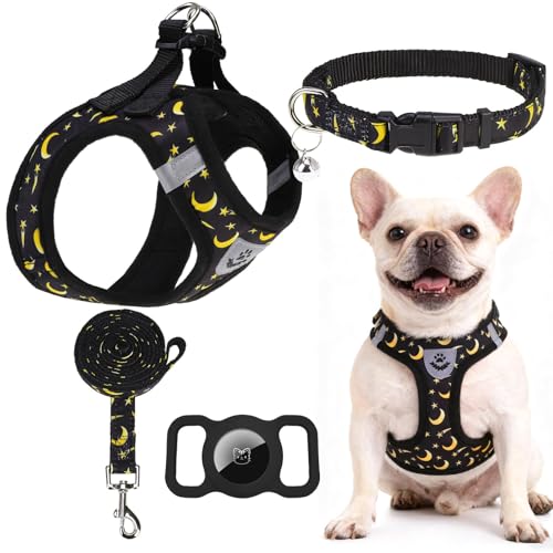 EXPAWLORER Small Dog Harness and Leash Set - Cute Puppy Harness Leash Dog Collar with AirTag Holder Silicone Case, Soft Pa...