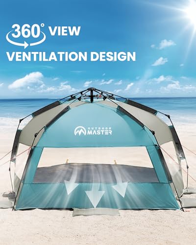 OutdoorMaster Beach Tent Sun Shelter for 3-4 Person, Pop Up Beach Tent Easy Setup with Sandbags, Portable Sun Shade Canopy...
